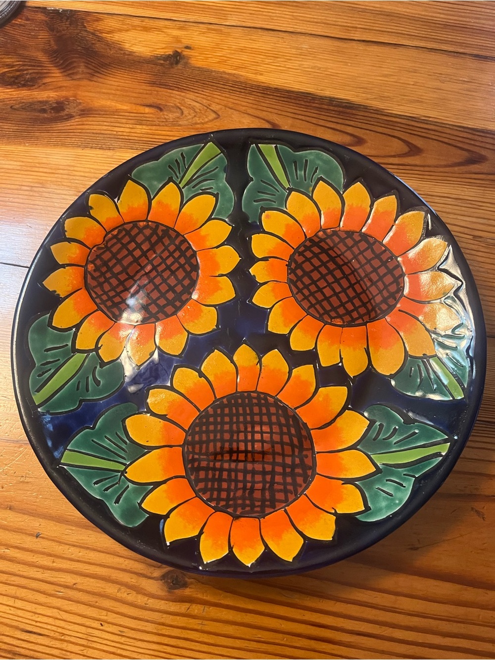 Mexican Talavera. Hand-Painted Sunflower Plate - Vibrant Orange & Dark Blue